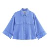 Pocket embellished wide sleeved short striped shirt top for women