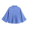Pocket embellished wide sleeved short striped shirt top for women